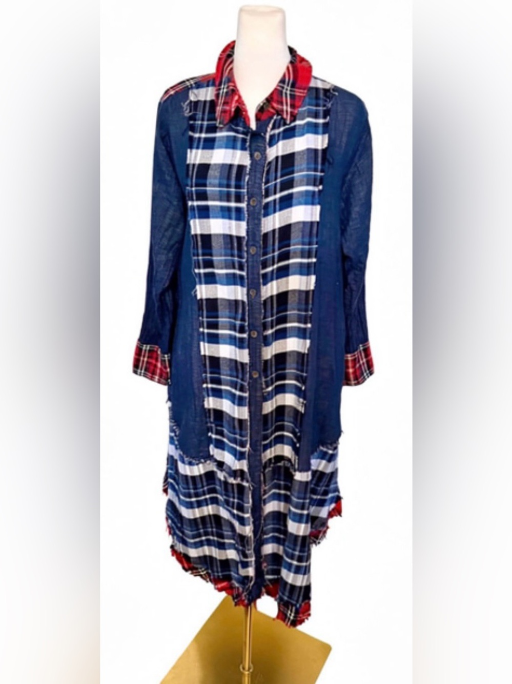 Paper Lace- Plaid Patchwork Distressed Duster/Dress- 100% Cotton-Oversized Small